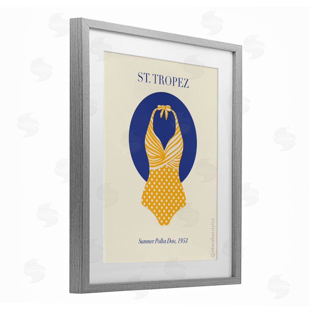 A Barefoot Stylist St. Tropez Dotted Swimsuit Gray Framed Print Under Glass Wall Art