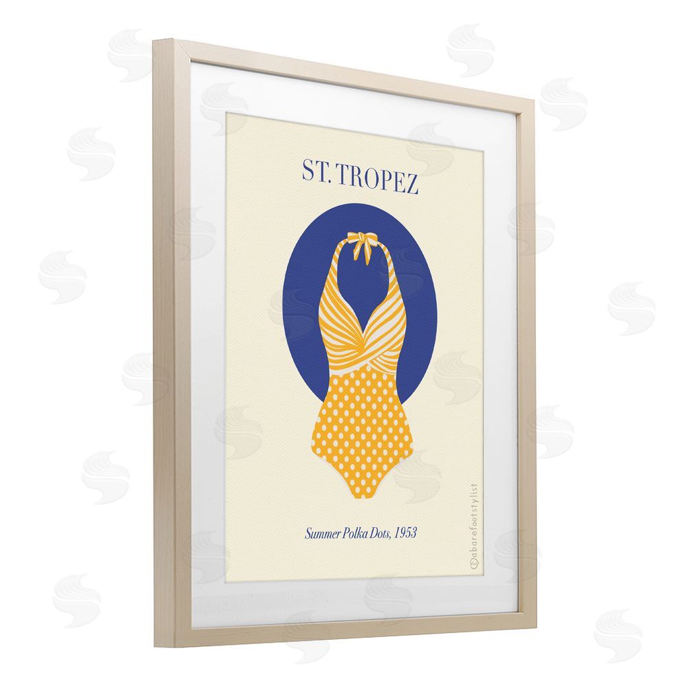 A Barefoot Stylist St. Tropez Dotted Swimsuit Birch Framed Print Under Glass Wall Art
