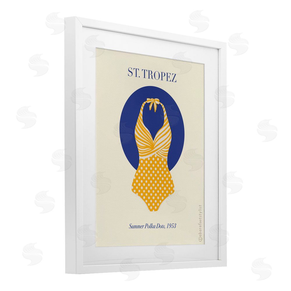A Barefoot Stylist St. Tropez Dotted Swimsuit White Framed Print Under Glass Wall Art