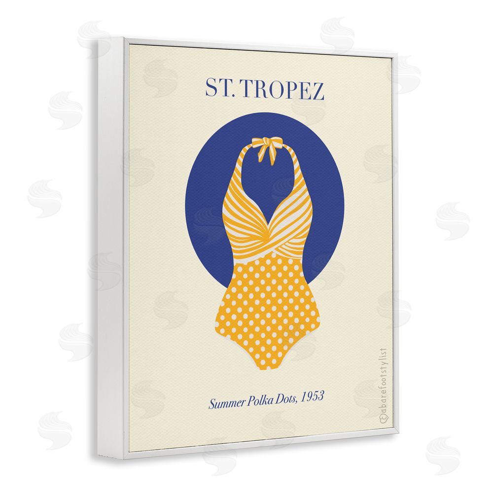 A Barefoot Stylist St. Tropez Dotted Swimsuit White Framed Giclee Wall Art Print