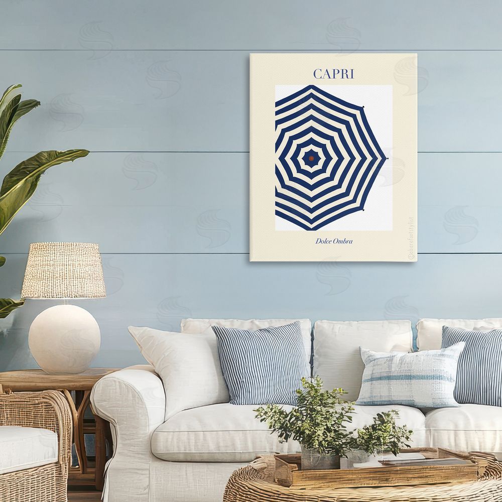 A Barefoot Stylist Capri Striped Umbrella Stretched Canvas Wall Art in Room