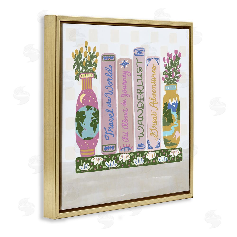 Connie Summers Boho Travel Books Shelf Gold Floating Frame Canvas Wall Art Print
