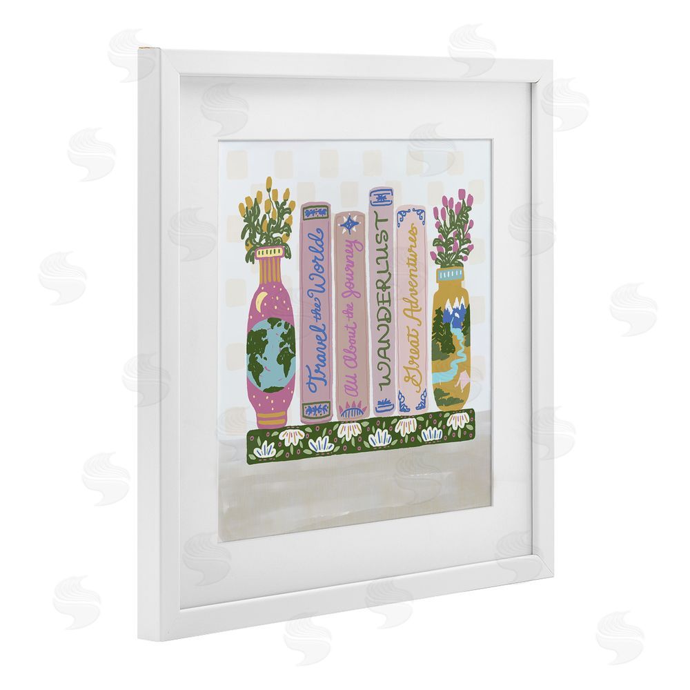 Connie Summers Boho Travel Books Shelf White Framed Print Under Glass Wall Art
