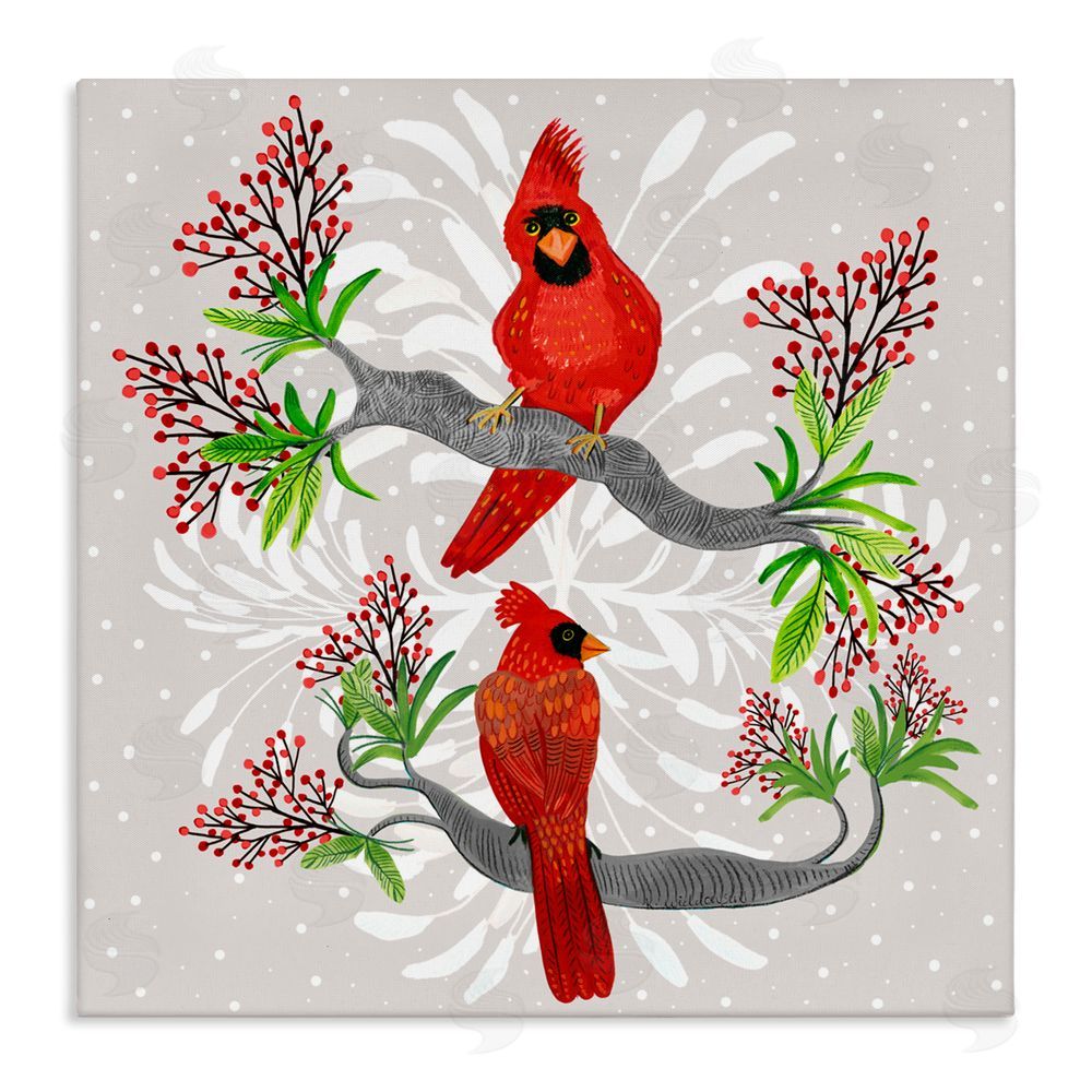 Kay Widdowson Christmas Birds with Berries Canvas Wall Art Print