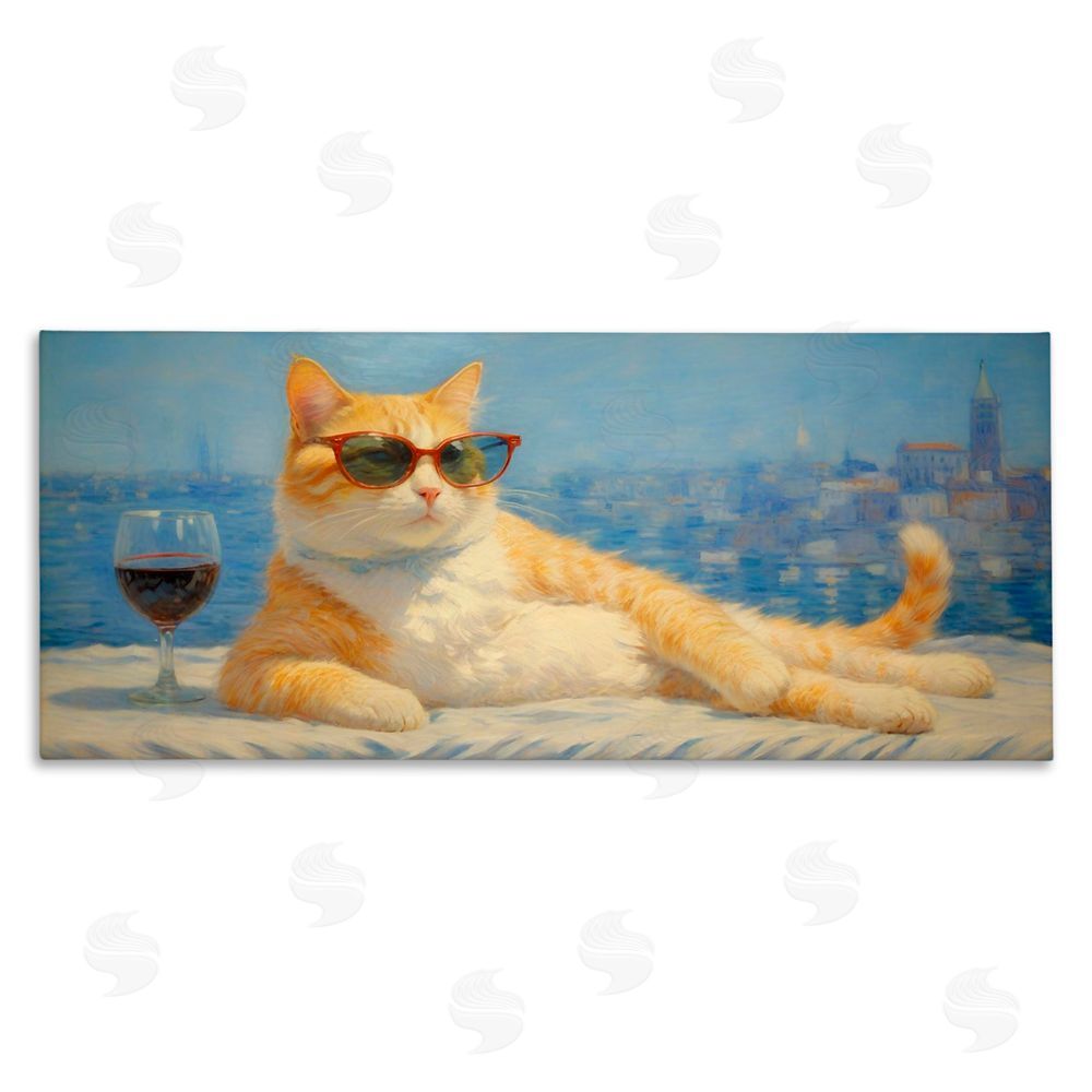 Angie Hawke Lounging Feline with Wine Glass Stretched Canvas Wall Art