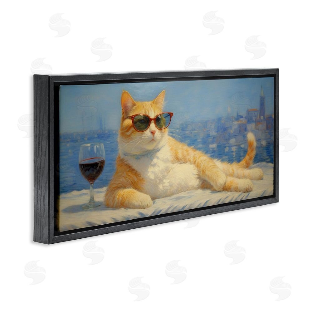 Angie Hawke Lounging Feline with Wine Glass Black Floating Framed Canvas Wall Art