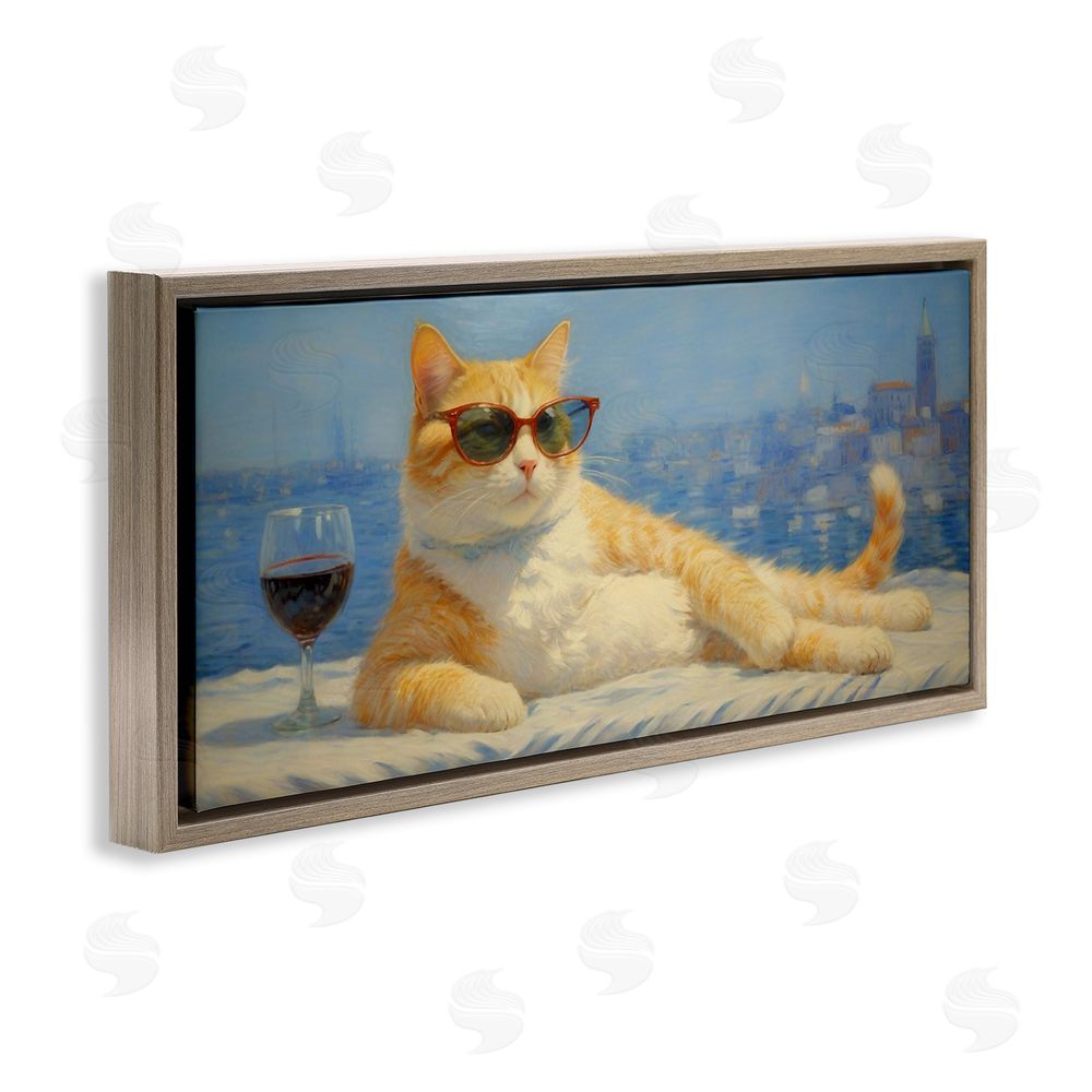 Angie Hawke Lounging Feline with Wine Glass Brown Floating Framed Canvas Wall Art