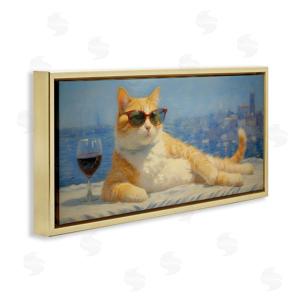 Angie Hawke Lounging Feline with Wine Glass Gold Floating Framed Canvas Wall Art