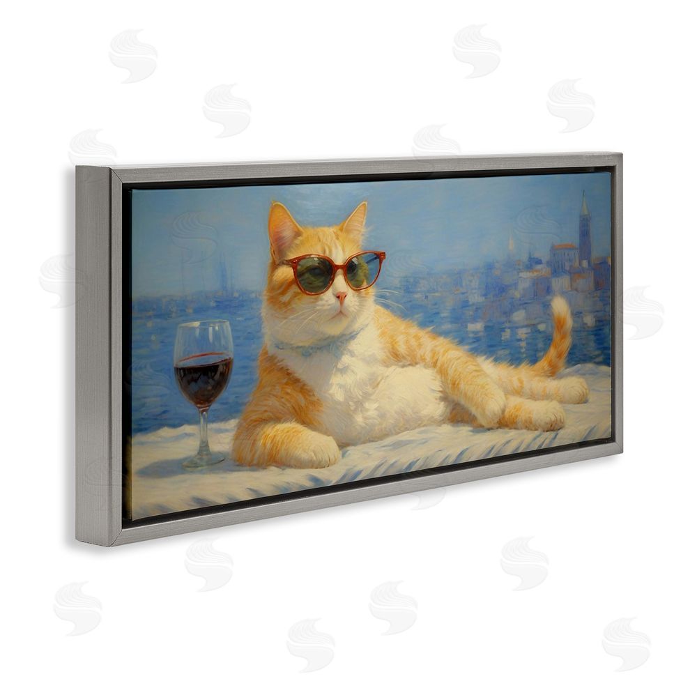 Angie Hawke Lounging Feline with Wine Glass Gray Floating Framed Canvas Wall Art