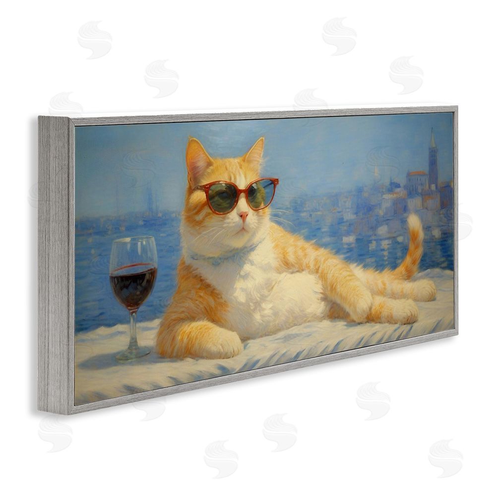 Angie Hawke Lounging Feline with Wine Glass Gray Framed Giclee Wall Art