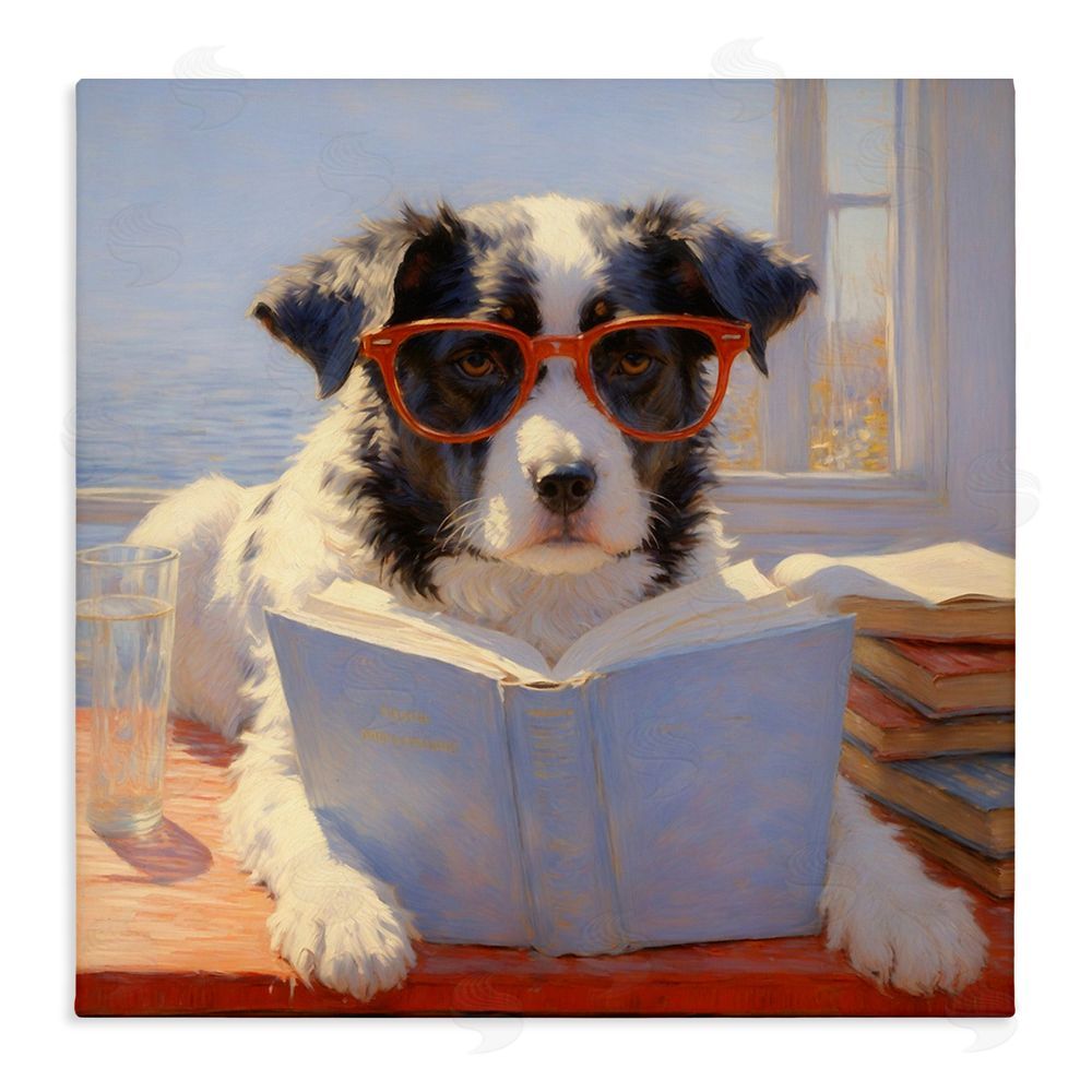 Angie Hawke Sunlit Dog Reading By Window Stretched Canvas Wall Art Print
