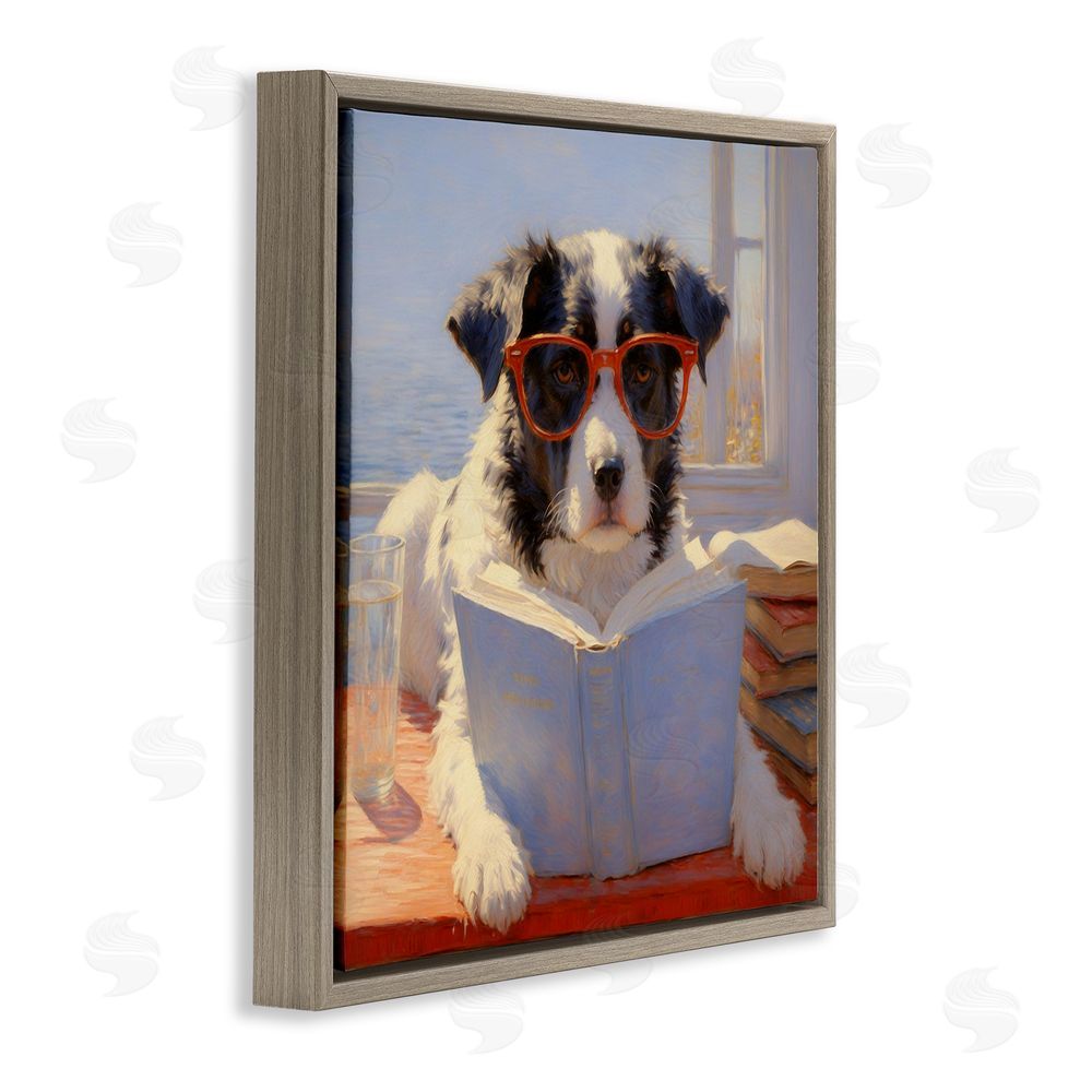 Angie Hawke Sunlit Dog Reading By Window Brown Floating Framed Canvas Wall Art Print
