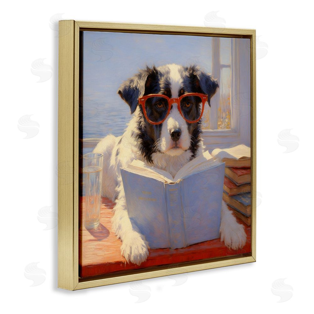 Angie Hawke Sunlit Dog Reading By Window Gold Floating Framed Canvas Wall Art Print