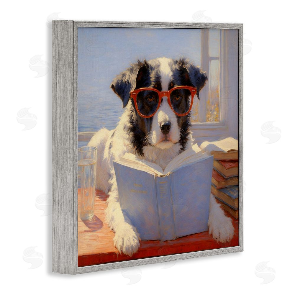 Angie Hawke Sunlit Dog Reading By Window Gray Framed Giclee Wall Art Print
