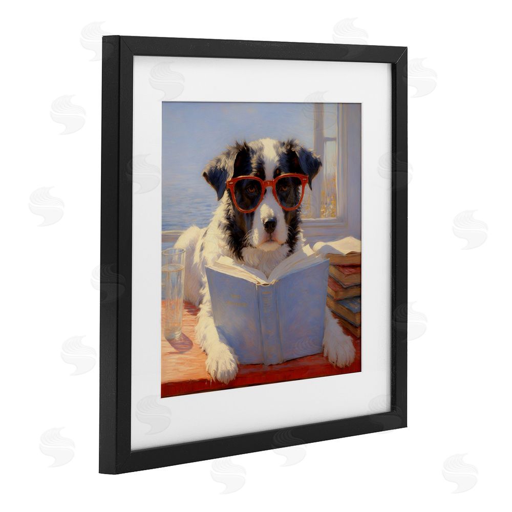 Angie Hawke Sunlit Dog Reading By Window Black Framed Print Under Glass with White Mat Wall Art