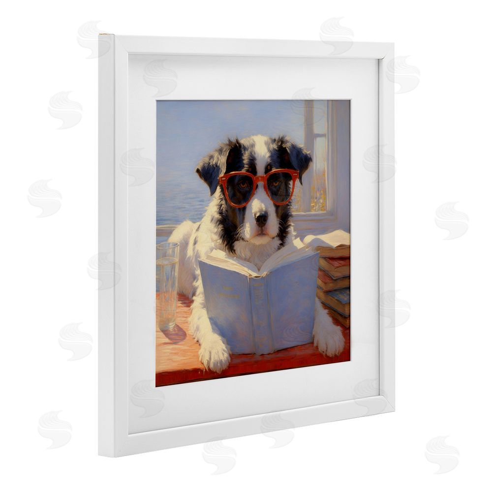 Angie Hawke Sunlit Dog Reading By Window White Framed Print Under Glass with White Mat Wall Art