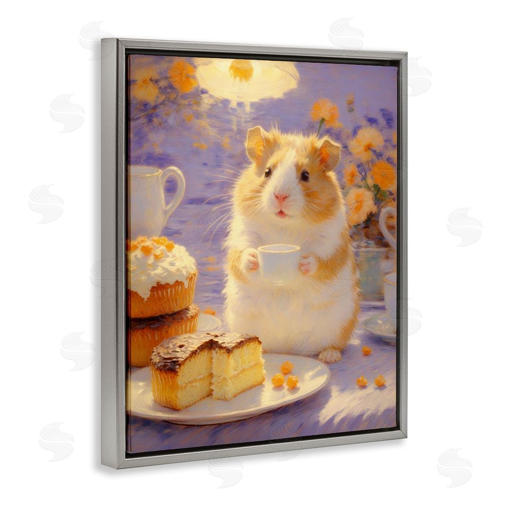 Angie Hawke Hamster Tea Party with Cake Gray Floating Framed Canvas Wall Art