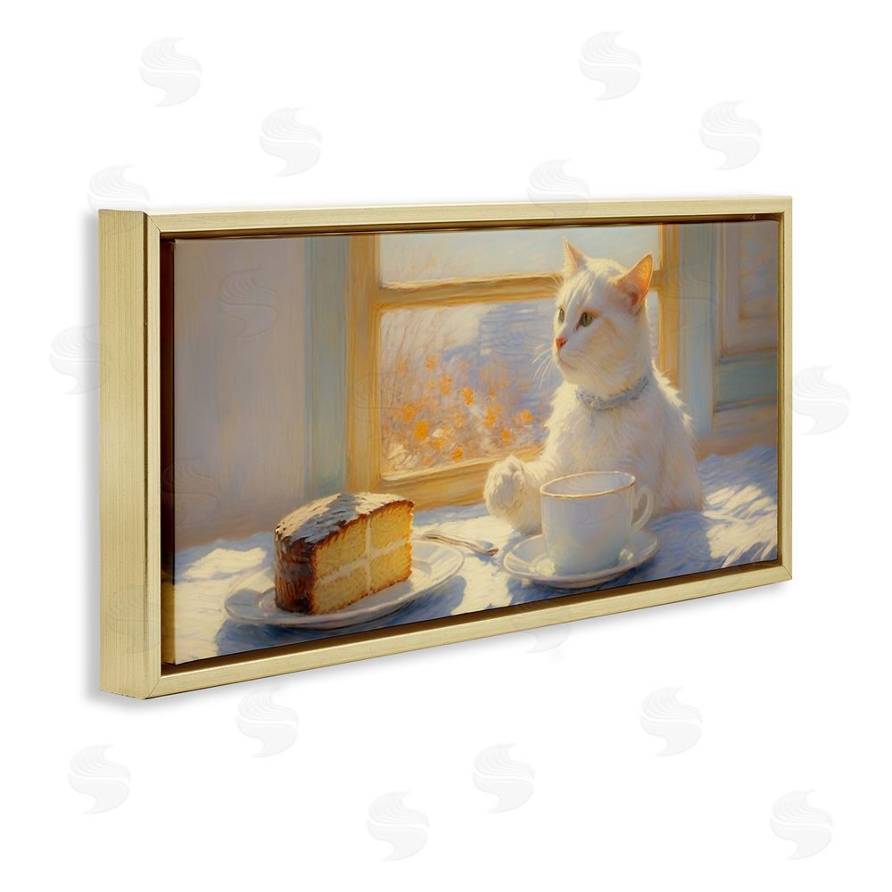Angie Hawke Sunlit Tea Party Cat Gold Floating Framed Canvas Wall Art Print
