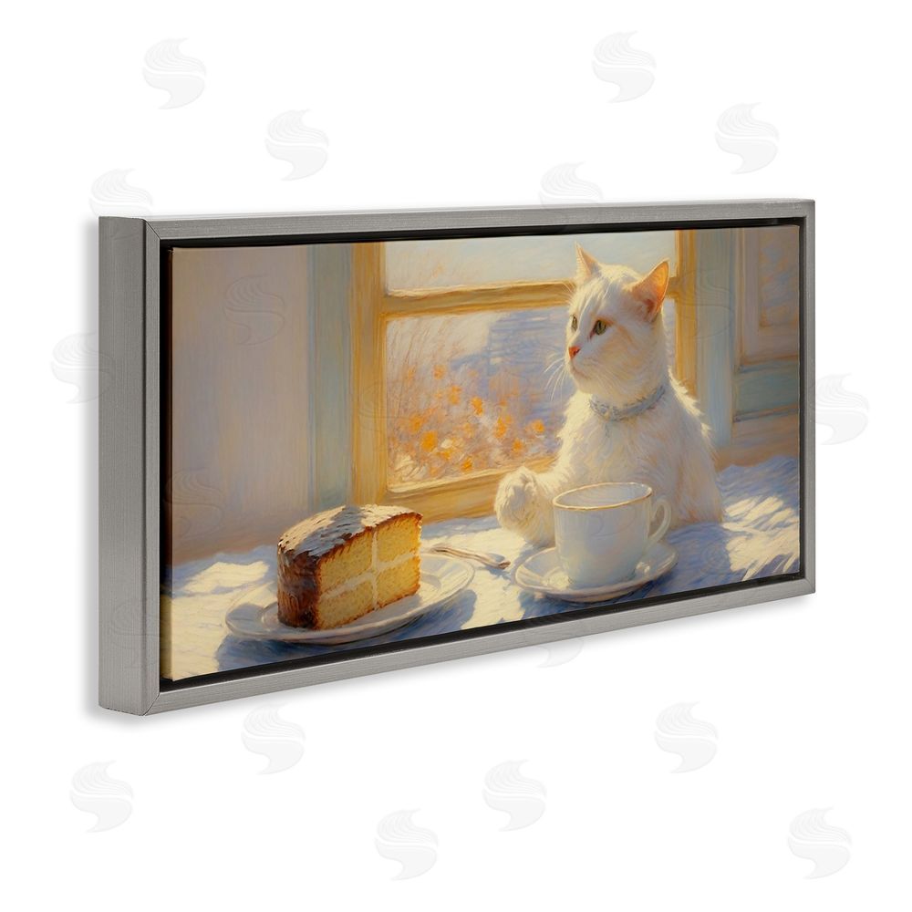Angie Hawke Sunlit Tea Party Cat Gray Floating Framed Canvas Wall Art Print