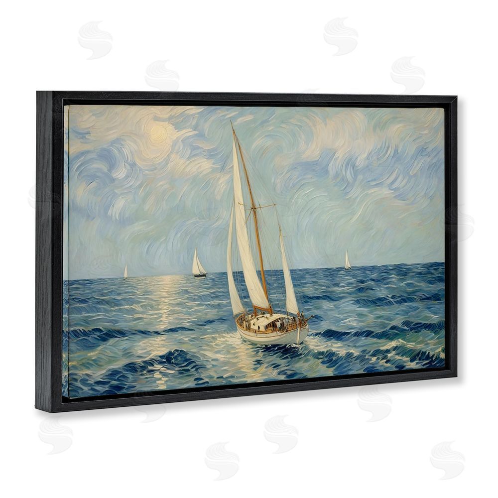 Angie Hawke Sailing Yacht on Blue Sea Black Floating Framed Canvas Wall Art Print