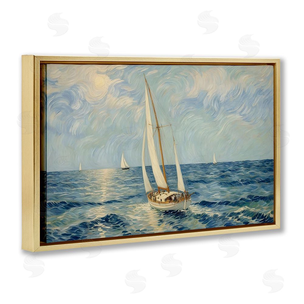 Angie Hawke Sailing Yacht on Blue Sea Gold Floating Framed Canvas Wall Art Print