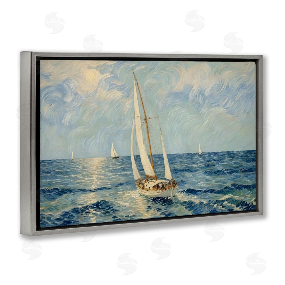 Angie Hawke Sailing Yacht on Blue Sea Gray Floating Framed Canvas Wall Art Print