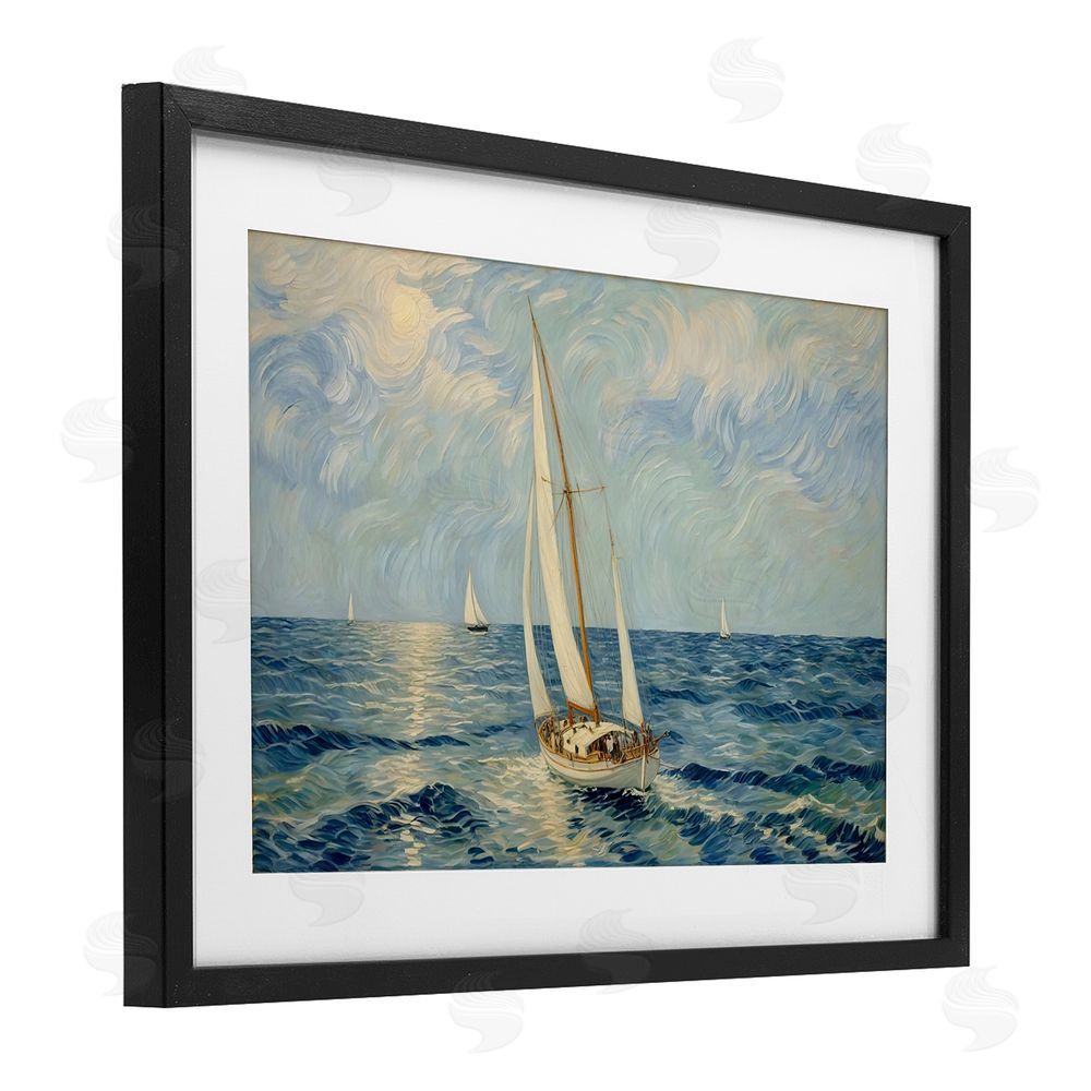 Angie Hawke Sailing Yacht on Blue Sea Black Framed Print Under Glass with White Mat Wall Art