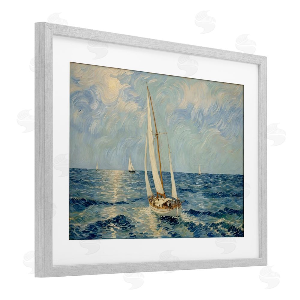 Angie Hawke Sailing Yacht on Blue Sea Gray Framed Print Under Glass with White Mat Wall Art
