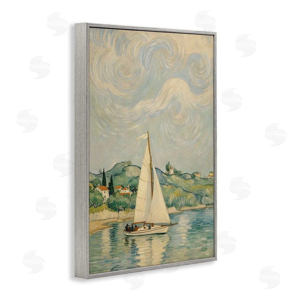 Angie Hawke Sailboat Beneath Swirling Clouds Gray Framed Giclee Wall Art Print