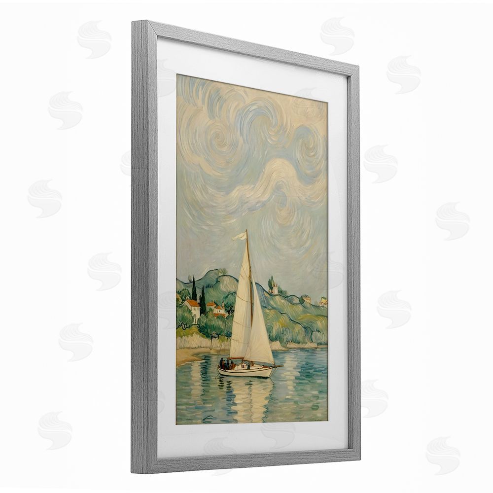 Angie Hawke Sailboat Beneath Swirling Clouds Gray Framed Print Under Glass with White Mat Wall Art