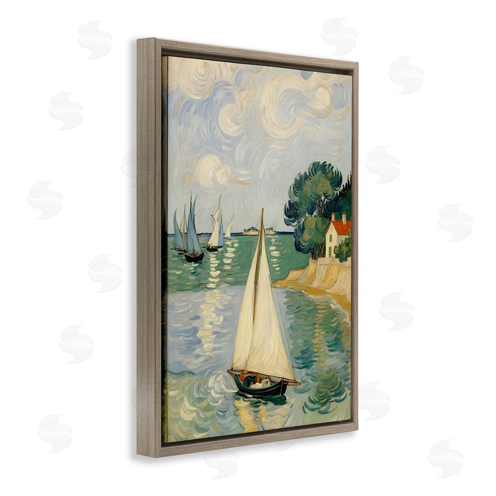 Angie Hawke Coastal Sailboats Under Swirling Clouds Brown Floating Frame Canvas Wall Art Print