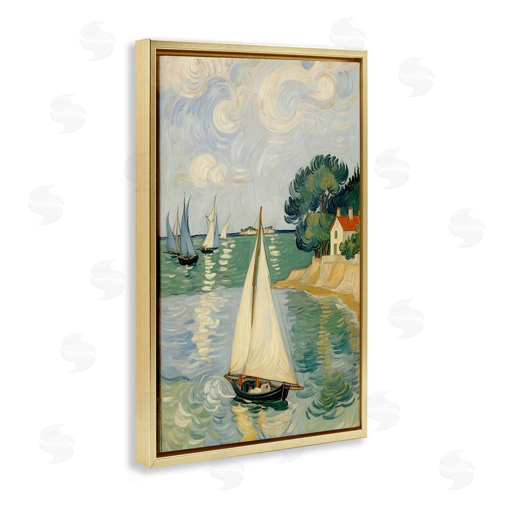 Angie Hawke Coastal Sailboats Under Swirling Clouds Gold Floating Frame Canvas Wall Art Print