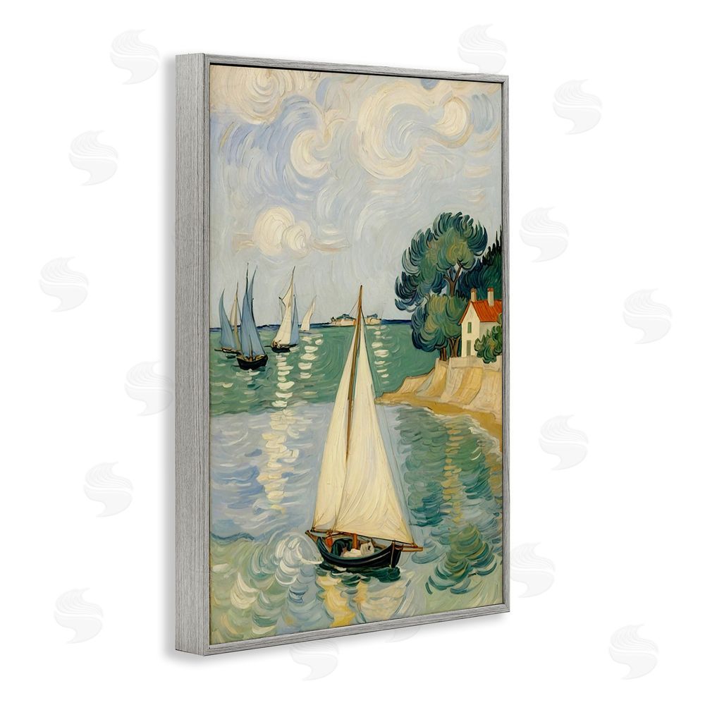 Angie Hawke Coastal Sailboats Under Swirling Clouds Gray Framed Giclee Wall Art Print