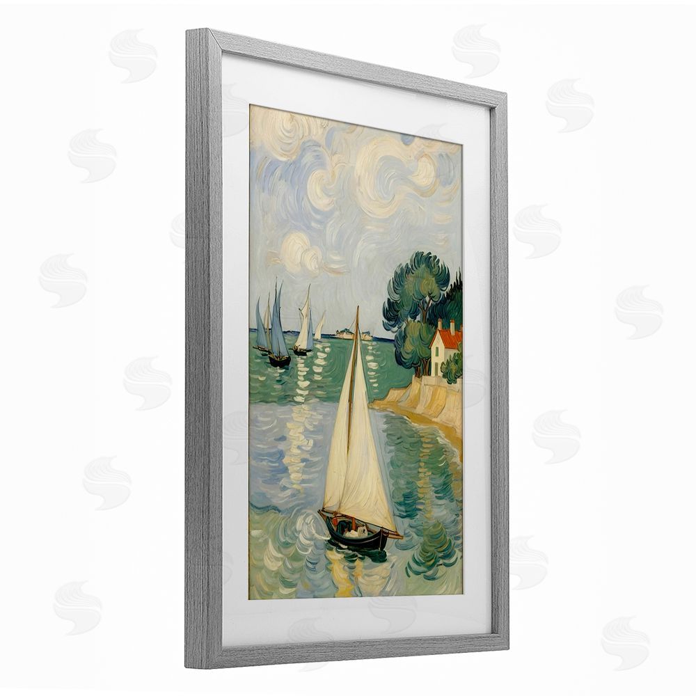Angie Hawke Coastal Sailboats Under Swirling Clouds Gray Framed Print Under Glass Wall Art