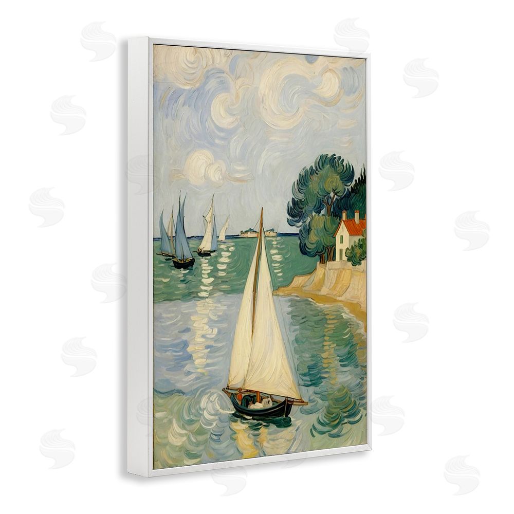 Angie Hawke Coastal Sailboats Under Swirling Clouds White Framed Giclee Wall Art Print