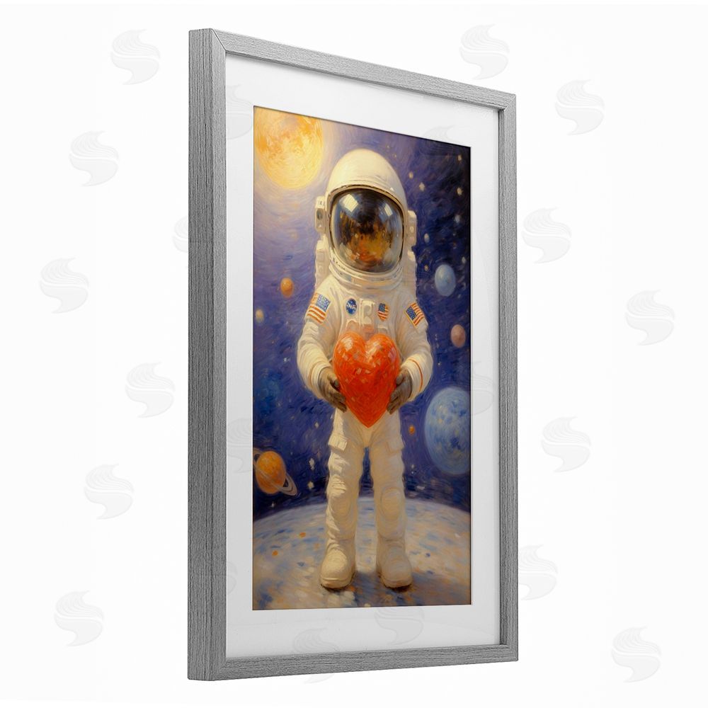 Angie Hawke Astronaut Holding Heart Gray Framed Print Under Glass Wall Art