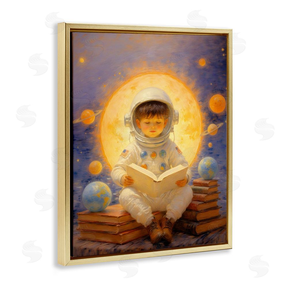 Angie Hawke Astronaut Child Learning Gold Floating Frame Canvas Wall Art Print