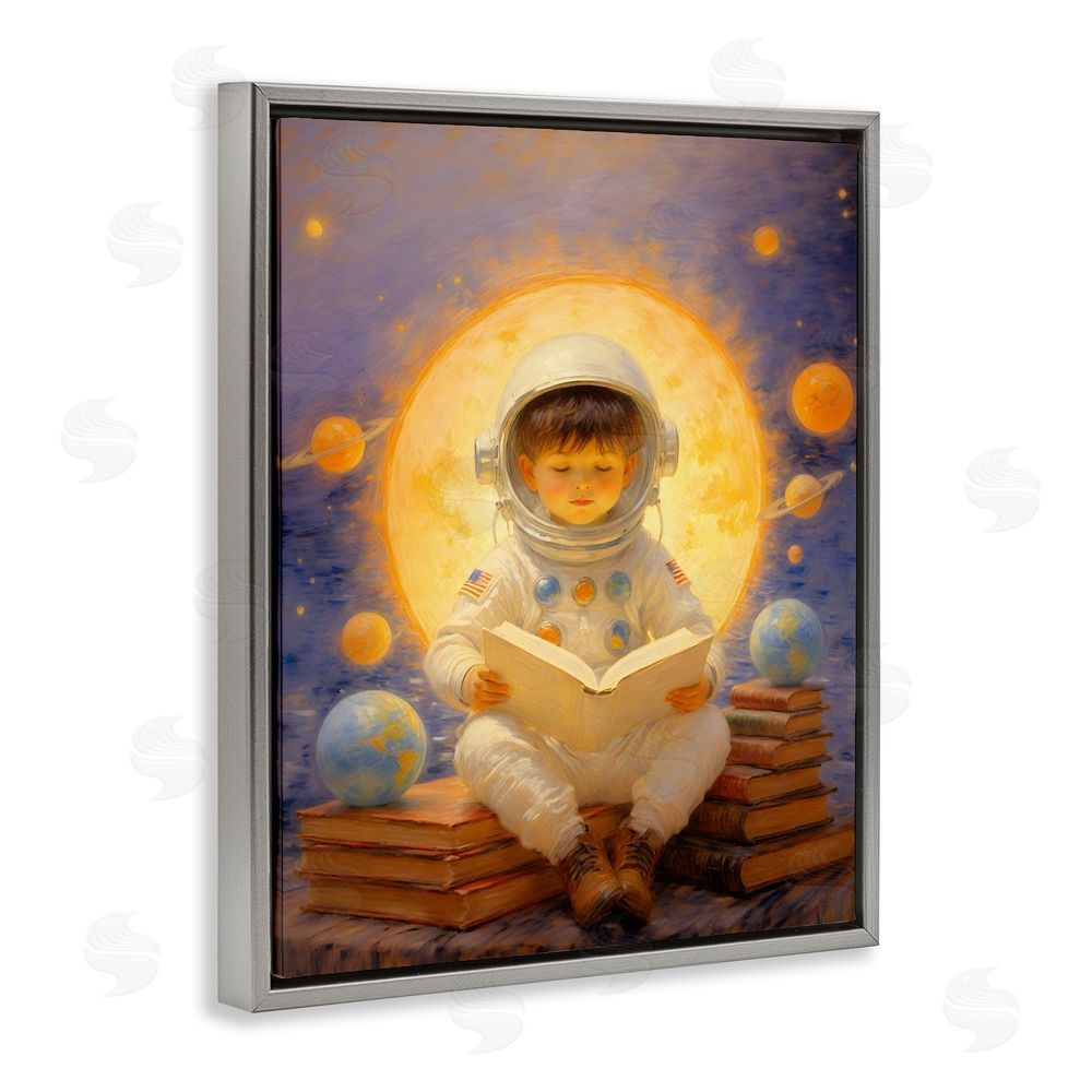 Angie Hawke Astronaut Child Learning Gray Floating Frame Canvas Wall Art Print
