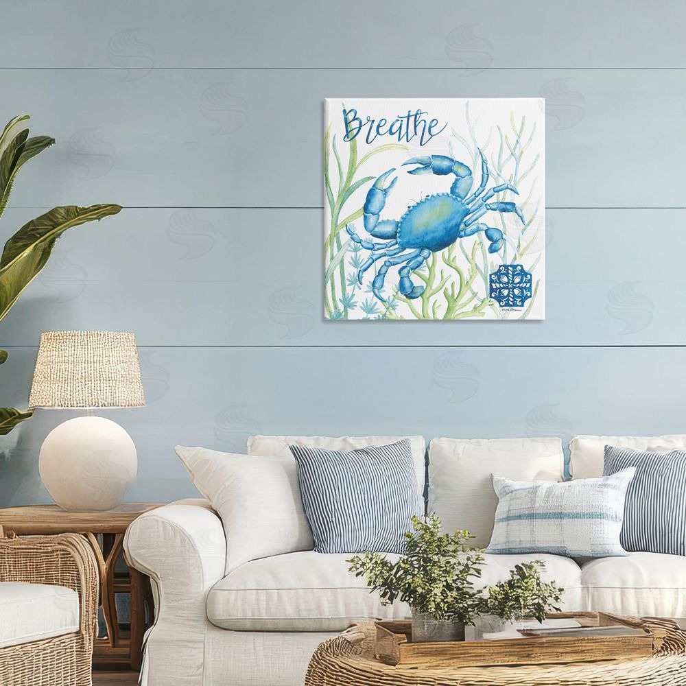 Deb Strain Breath Blue Crab Among Seaweed Stretched Canvas Wall Art in Room