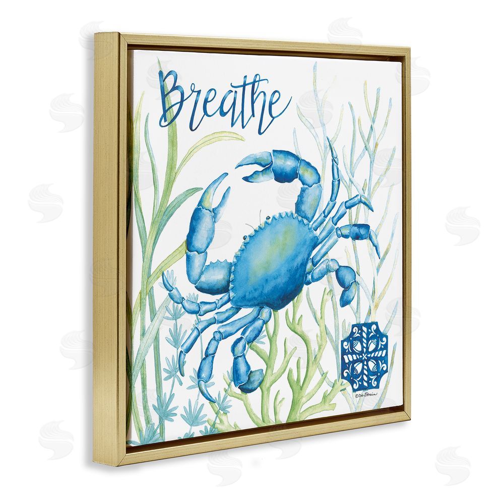 Deb Strain Breath Blue Crab Among Seaweed Gold Floating Frame Canvas Wall Art Print