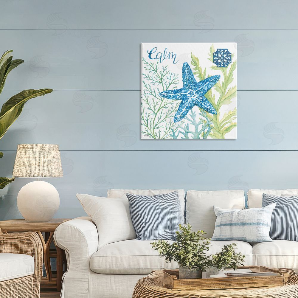 Deb Strain Calm Starfish & Seaweed Stretched Canvas Wall Art in Room