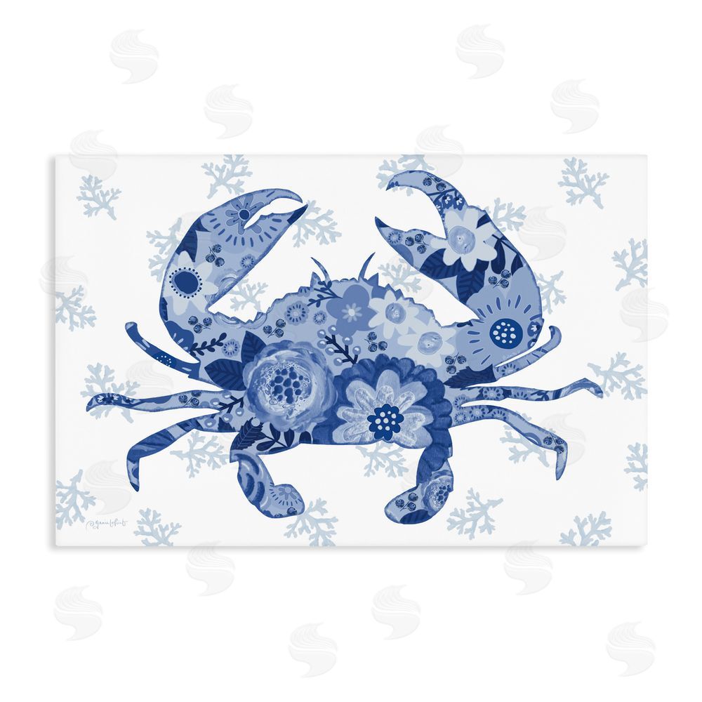 Annie LaPoint Blue Floral Patterned Crab Stretched Canvas Wall Art Print