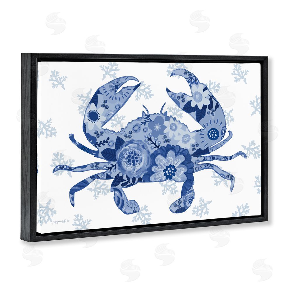 Annie LaPoint Blue Floral Patterned Crab Black Floating Frame Canvas Wall Art Print