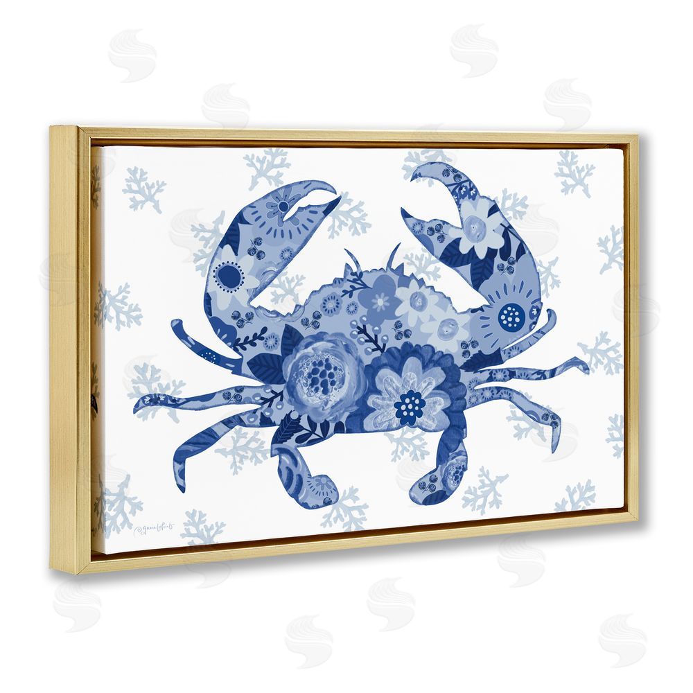 Annie LaPoint Blue Floral Patterned Crab Gold Floating Frame Canvas Wall Art Print