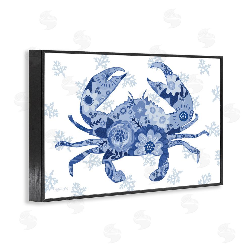 Annie LaPoint Blue Floral Patterned Crab Black Framed Giclee Wall Art Print