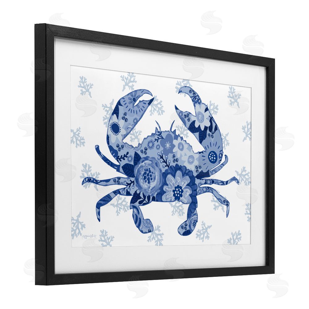 Annie LaPoint Blue Floral Patterned Crab Black Framed Print Under Glass Wall Art