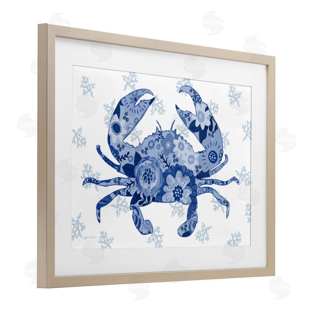 Annie LaPoint Blue Floral Patterned Crab Brown Framed Print Under Glass Wall Art