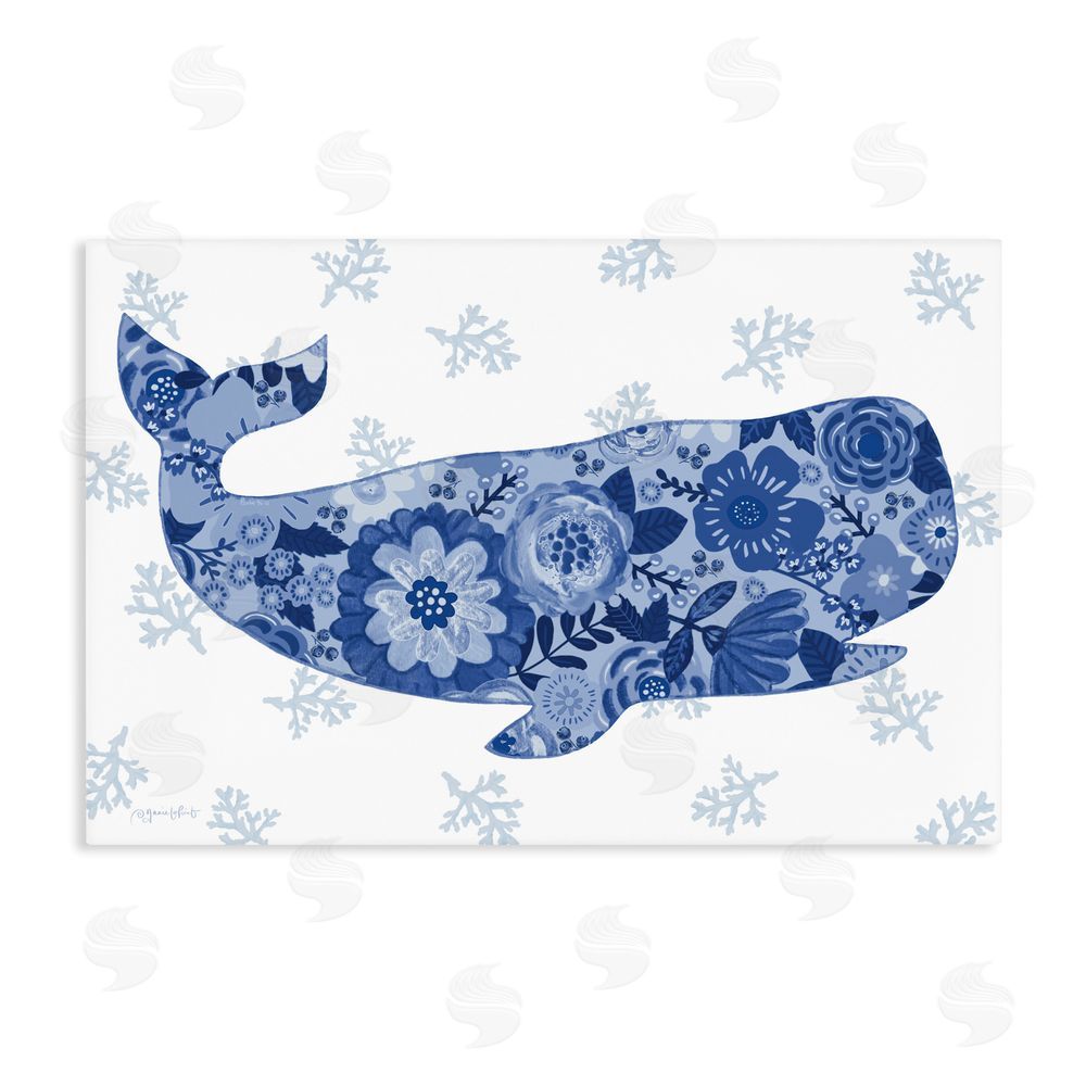 Annie LaPoint Blue Floral Patterned Whale Stretched Canvas Wall Art Print
