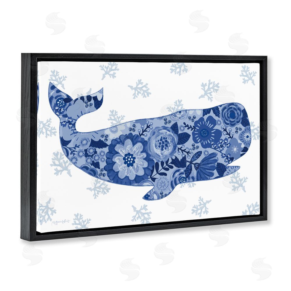 Annie LaPoint Blue Floral Patterned Whale Black Floating Frame Canvas Wall Art Print
