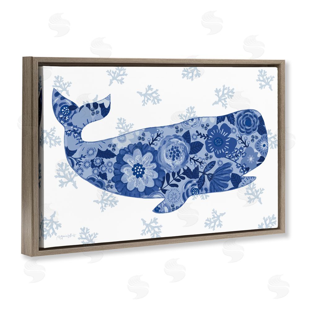 Annie LaPoint Blue Floral Patterned Whale Brown Floating Frame Canvas Wall Art Print